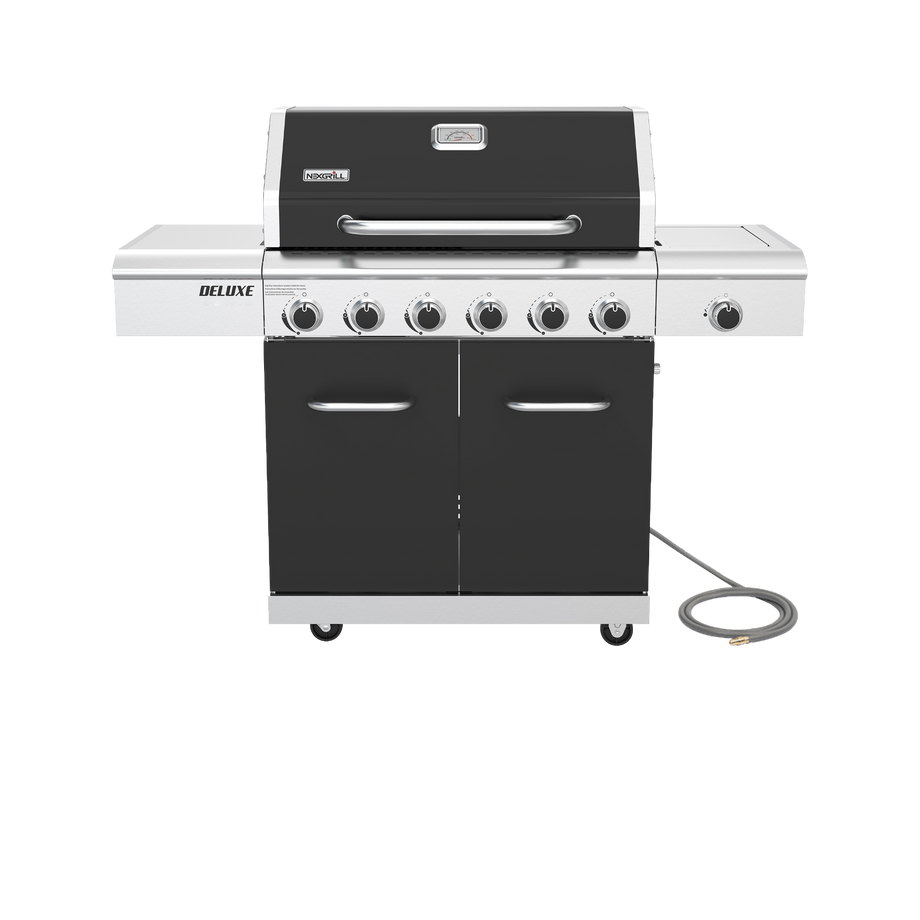A Nexgrill Deluxe 6-Burner Natural Gas Grill in black, featuring six control knobs, side shelves, two cabinet doors, an attached hose, and a convenient Ceramic Searing Side Burner, is displayed against a plain white background.