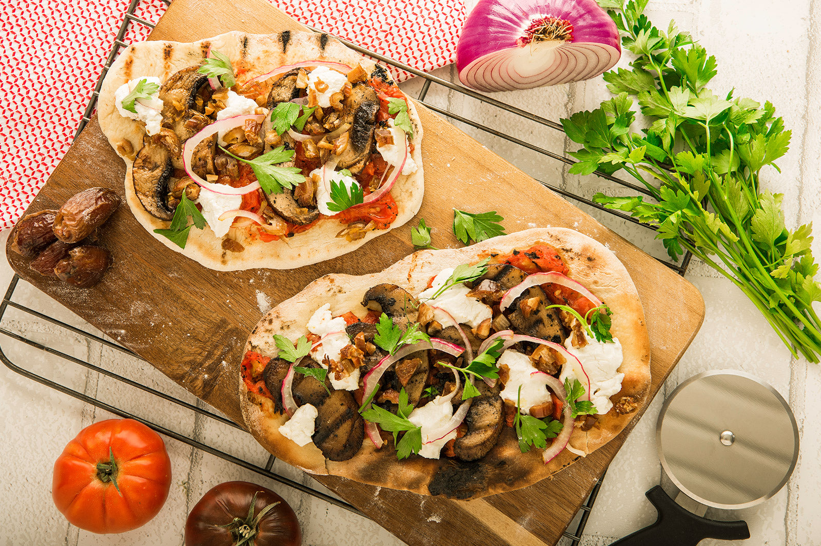 Flatbread with Grilled Mushrooms, Tomatoes & Cheese