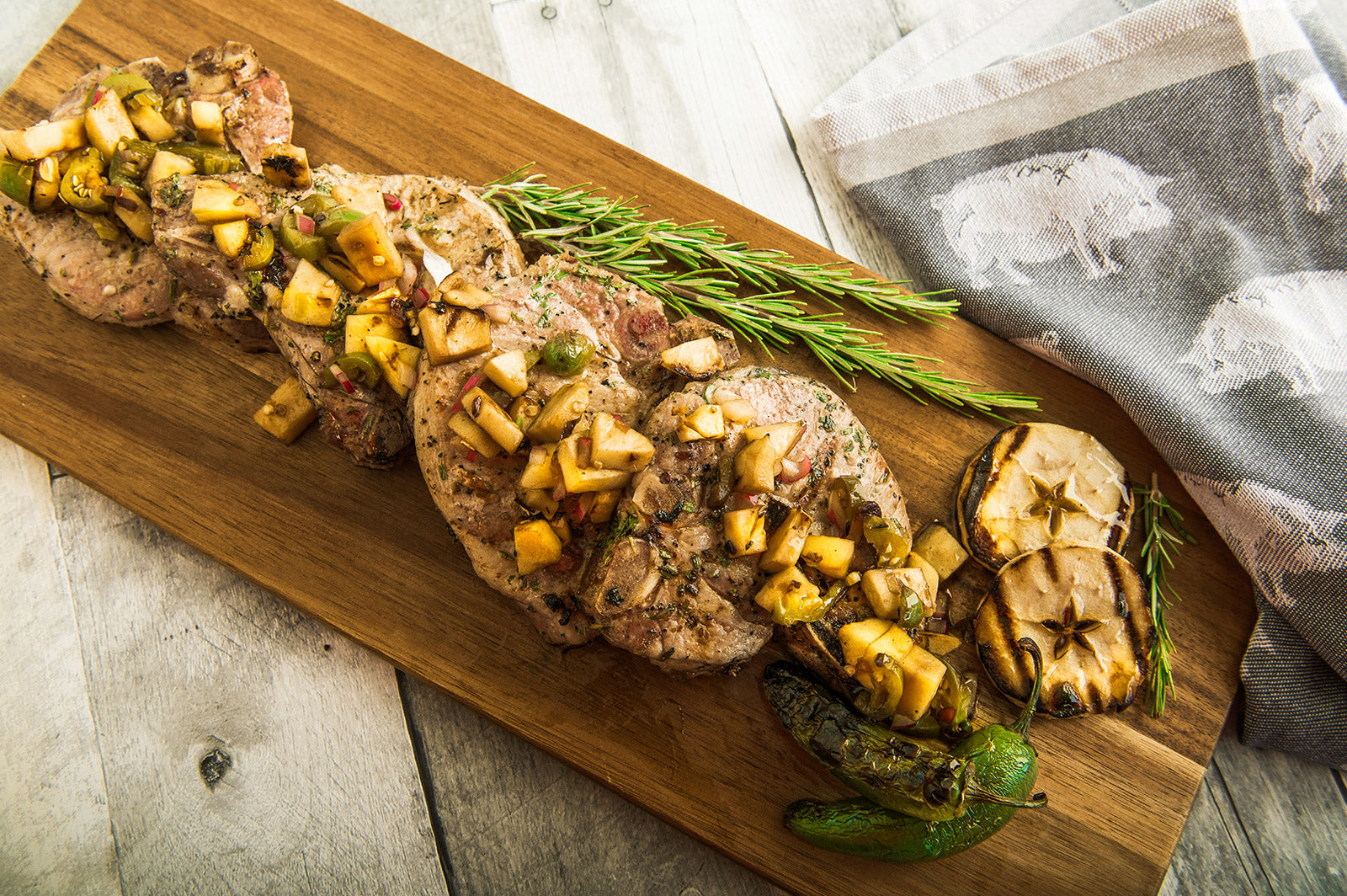 Grilled Pork Chops with Grilled Apple & Jalapeño