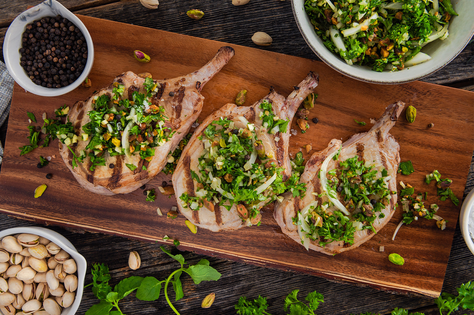 Grilled Pork Chops with Pistachio Salmuera