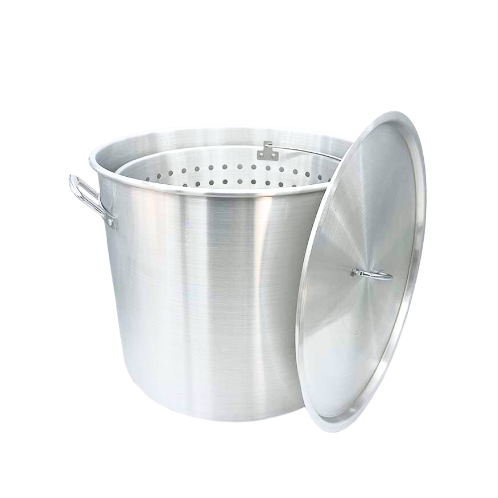 80 Qt. Aluminum Stockpot with Strainer Basket and Lid