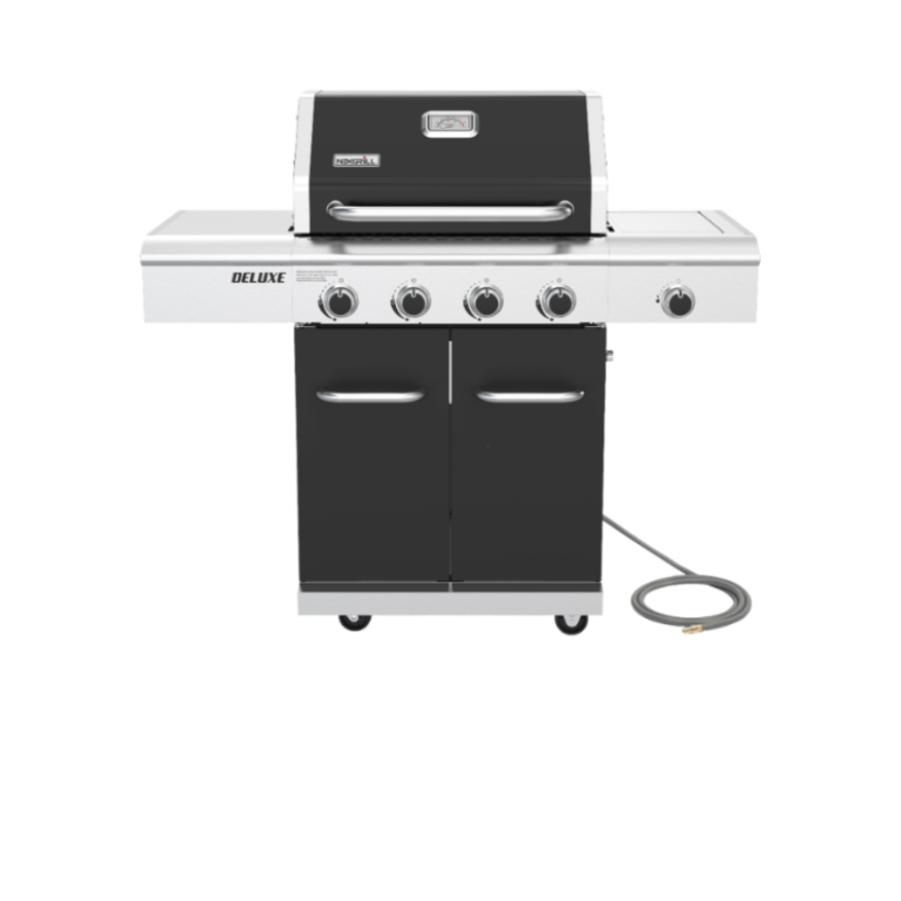Black and silver gas grill on a white background